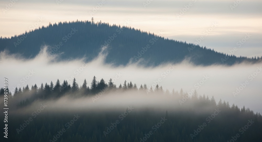Fototapeta premium Mystical coniferous forest hills enveloped in ethereal mist and fog
