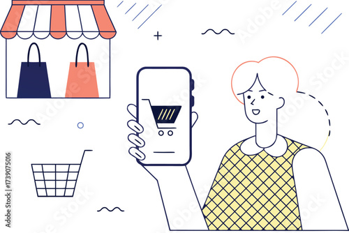 Woman holding smartphone with shopping cart and store with bags Keywords: online shopping, e-commerce, mobile commerce, smartphone, shopping cart