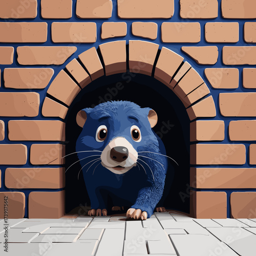 Cute blue cartoon animal peeking out of a brick tunnel, showcasing playfulness and whimsy in a vibrant design