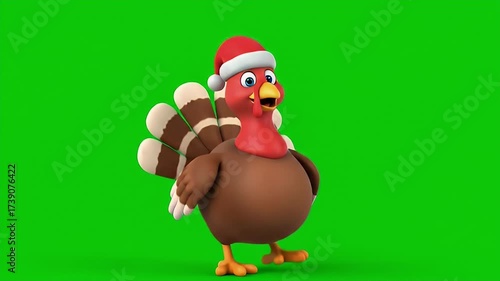 A cute animated turkey character wearing a Santa hat performs a walking dance loop on a green screen background.