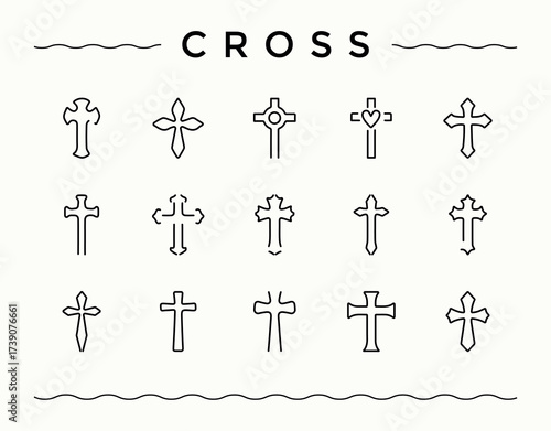 Cross simple icon set. Containing art, god, orthodox, religion, saint, christian and more. Spirituality related icon set. Modern linear icons. Editable vector stroke.