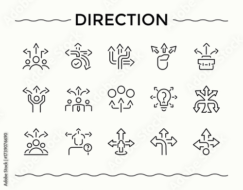 Direction simple icon set. Modern linear icons. Contains outline symbols like arrows, arrows, click, pointer, arrow. Signs for web and mobile app. Direction line icon set.