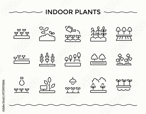 Indoor Plants modern icon set. Garden modern icon set. Minimalist icons collection. Contain linear sign land, Plant, farm, gardening and more. Editable stroke collections.