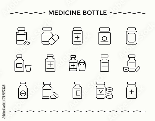 medicine bottle modern icon set. Thin web icons. Pixel perfect. Vector illustration. Plastic Bottle icon pack. Contain linear symbols plastic wine water, water eco and more.