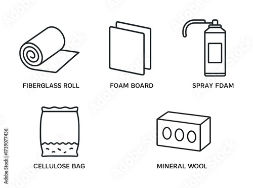 Vector Insulation materials icons: fiberglass roll, foam board, spray foam, cellulose, mineral wool