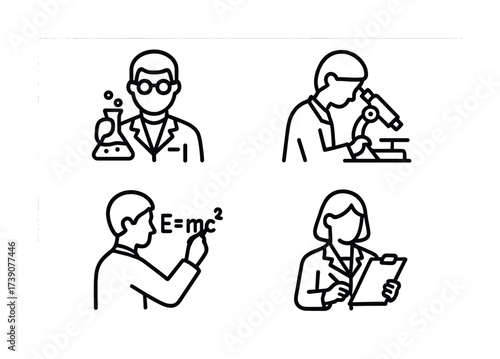 Vector Outline illustrations of scientists in various laboratory activities