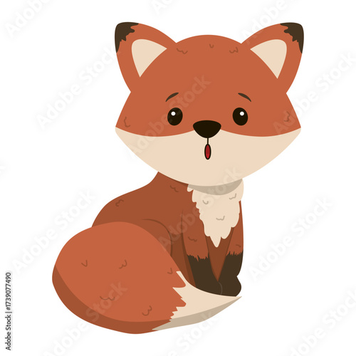 Cute baby fox sitting on the ground with a curious expression. This adorable vector illustration captures the innocence and charm of a young fox. Perfect for children s graphics and designs.