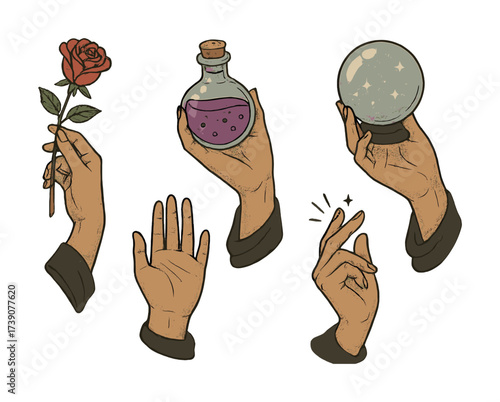 Vector Illustrated hands performing magic with potion, rose, and crystal ball