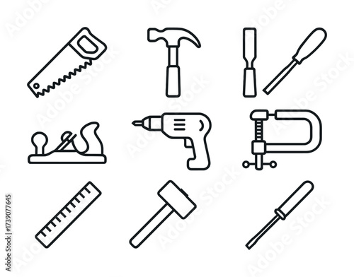 Vector Set of line art hand tools: hammer, drill, plane, saw, ruler