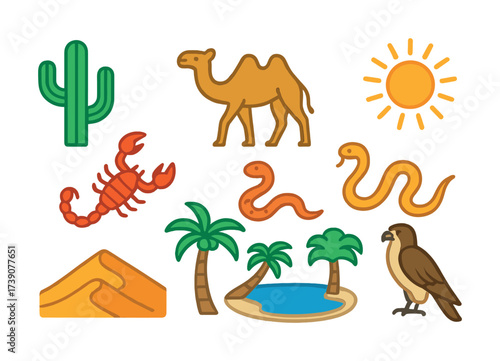 Vector Desert scene with camel, cacti, and wildlife illustrations