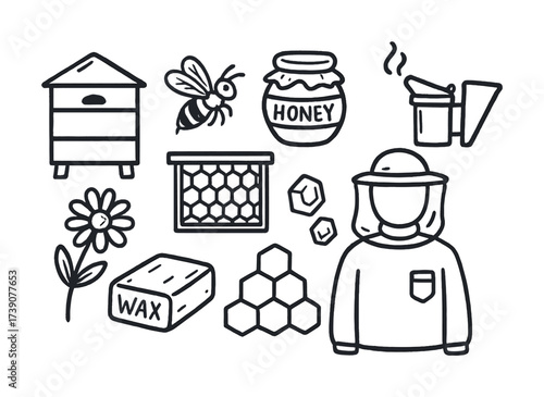 Vector Beehive illustration with beekeeper and honey elements in line art style