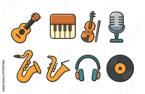 Vector Colorful music icons: guitar, piano, violin, microphone, saxophone, trumpet, headphones, record