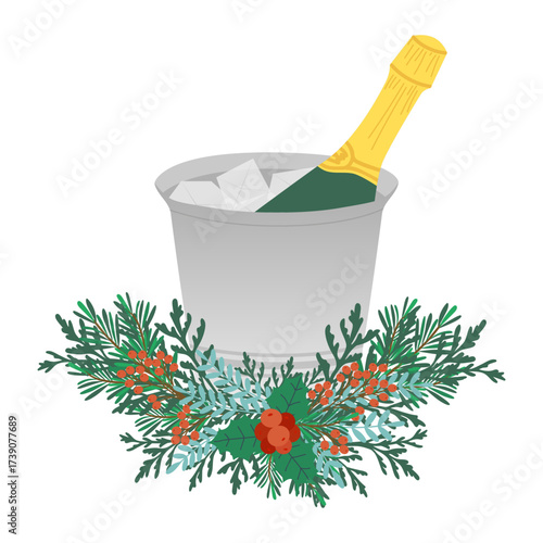 Vector illustration of a champagne bottle chilling in an ice bucket surrounded by festive greenery and red berries, ideal for holiday celebrations and New Year s Eve themes.