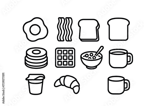 Vector Breakfast icon set: egg, bacon, toast, pancakes, waffle, cereal, coffee, yogurt, croissant