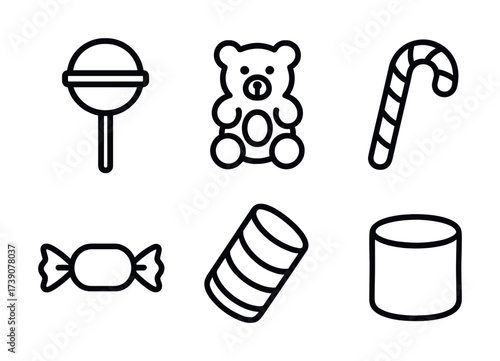 Vector Outline icons of lollipop, teddy bear, candy cane, wrapped candy, cylindrical candy, marshmallow