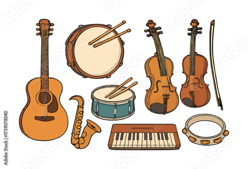 Vector Collection of musical instruments: guitar, violin, drum, saxophone, keyboard