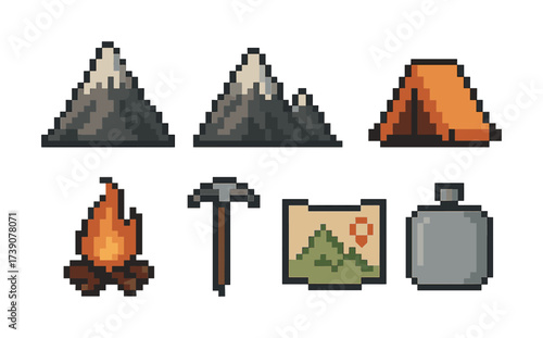 Vector Pixel art camping icons: mountain, tent, campfire, gear, map