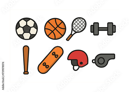 Vector Variety of sports equipment icons: soccer, basketball, tennis, and more