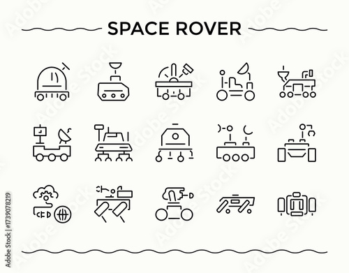 space rover icon set. Thin UI icons. Contain linear sign system, mission, surface, ship, exploration, lunar, mars. Editable stroke vector art. Exploration icon collection.