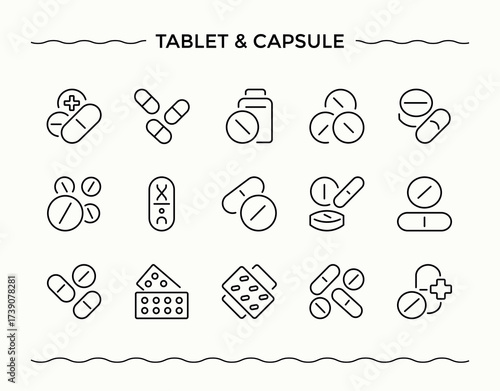 tablet and capsule modern icon set. Isolated icons. Aspirin icon set. Contains such symbols as health, dose, pill, treatment, round, aspirin, vitamin and more.