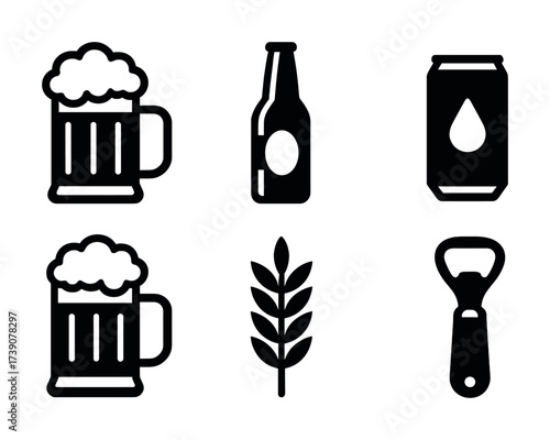 Vector Beer icons set: mug, bottle, can, wheat, opener - black and white vector illustrations