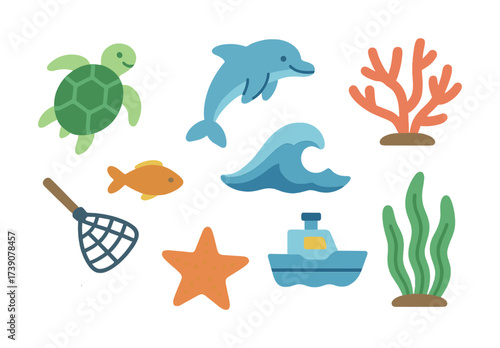 Vector Colorful marine life icons: turtle, dolphin, coral, fish, wave, starfish, boat, seaweed