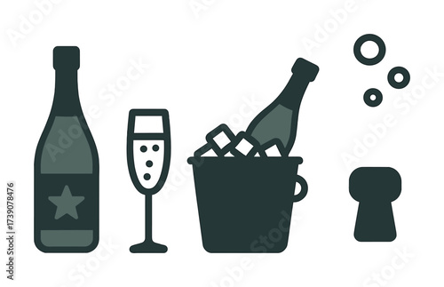 Vector Wine celebration: bottles, glasses, ice bucket, bubbles, cork