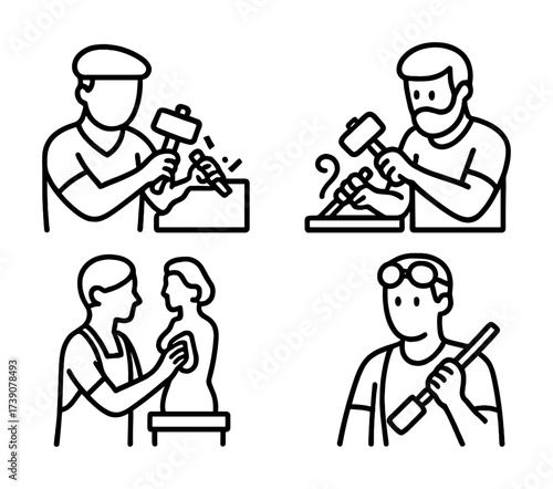 Vector Line art illustrations of male sculptors and artists engaged in various creative activities