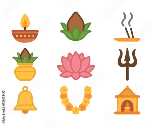 Vector Hindu cultural icons: diya, kalash, lotus, incense, trishul, bell, garland, temple