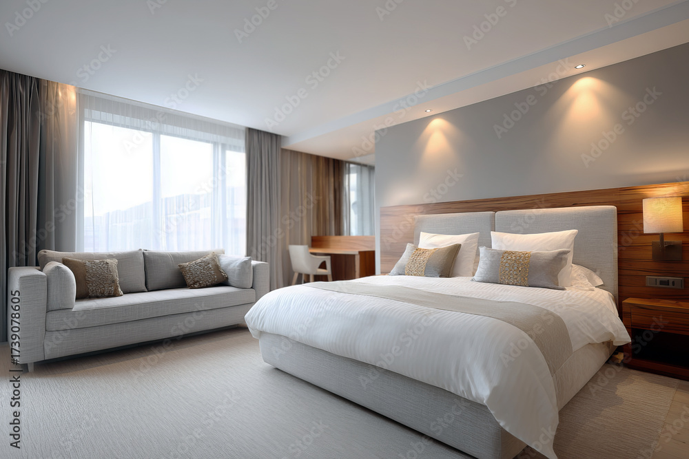 Fototapeta premium Modern hotel bedroom with cozy lighting and sofa