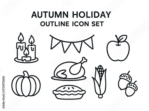 Vector Outline icon set of autumn holiday symbols: pumpkin, corn, apple, turkey, acorns