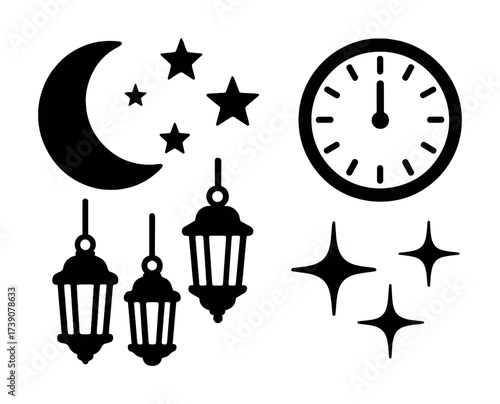 Vector Silhouettes of moon, stars, clock, lanterns, sparkles