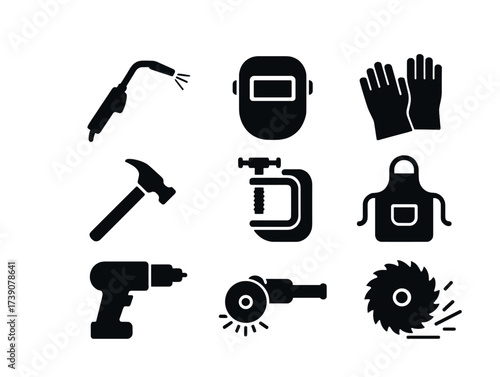 Vector Silhouette icons of welding tools and safety equipment for industrial work