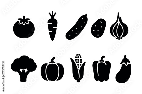 Vector Set of vegetable silhouettes: tomato, carrot, cucumber, potato, onion, broccoli, pepper, corn, eggplant