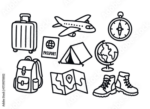 Vector Adventure travel essentials: luggage, airplane, compass, passport, tent, globe, backpack, map, boots