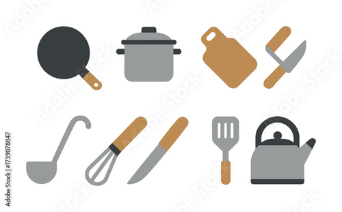 Vector Colorful kitchen utensils collection: pans, pots, knives, ladles, whisk, spatula, kettle