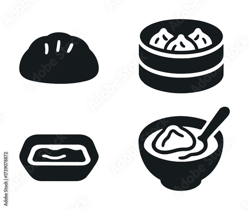 Vector Asian dumplings and dipping sauce icons in simple black and white style