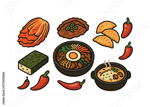 Vector Korean cuisine variety featuring bibimbap kimchi and dumplings with chili peppers