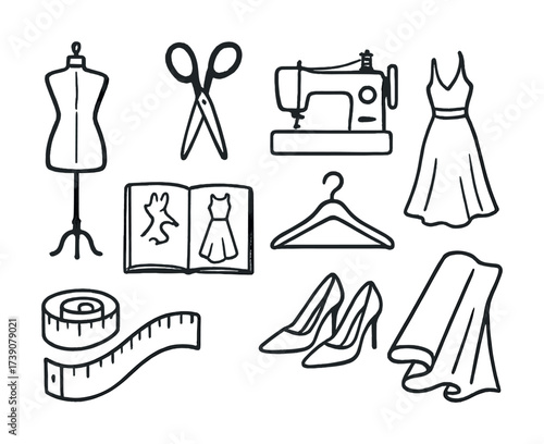 Vector Fashion design tools and dressmaking elements illustration for creative sewing projects