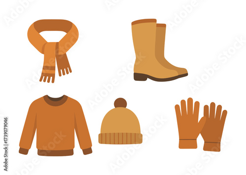 Vector Autumn clothing: scarf, boots, sweater, beanie, gloves in warm tones
