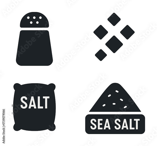 Vector Salt icons: shaker, crystals, bag, and sea salt illustration