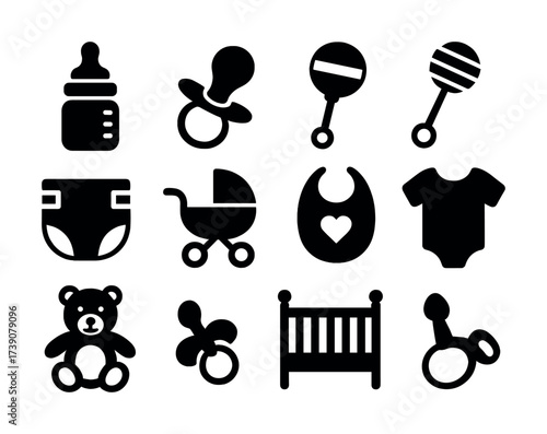 Vector Baby essentials icons set: bottle, pacifier, stroller, toys, and crib silhouettes