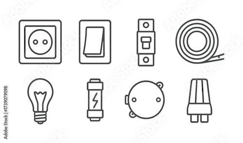 Vector Electrical components: outlets, switches, circuit breakers, light bulb, fuse, conduit, power cord