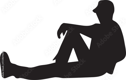 Silhouette of a Person Seated and Reclined Against the Ground Wearing a Hat Contemplating or Resting in a Simple Black and White Rendering