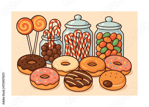 Colorful assortment of donuts, lollipops, candy canes, and jelly beans in jars