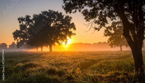 Morning sunrise through trees in a meadow, fog over grass