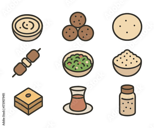 Assorted food icons: dishes, snacks, beverages, and seasoning in simple design