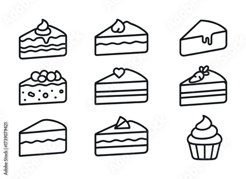 Assorted cake icons set: cheesecake cupcake layered desserts