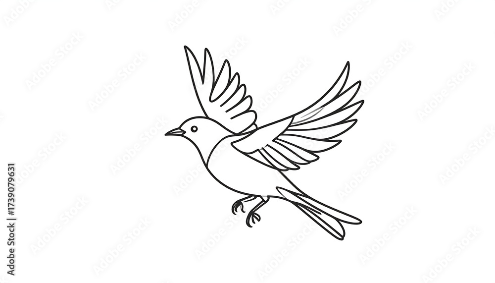 Obraz premium Simple outline illustration of a bird in mid-flight, captured with delicate linework, conveying a sense of movement and freedom