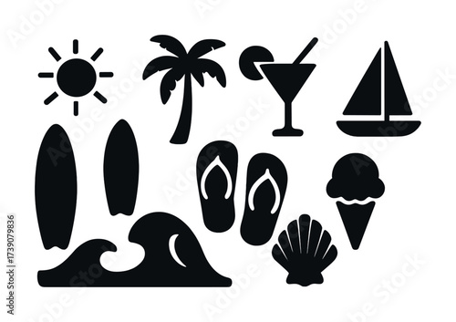 Beach icons set: surfboards, palm, cocktail, sailboat, waves, flip-flops